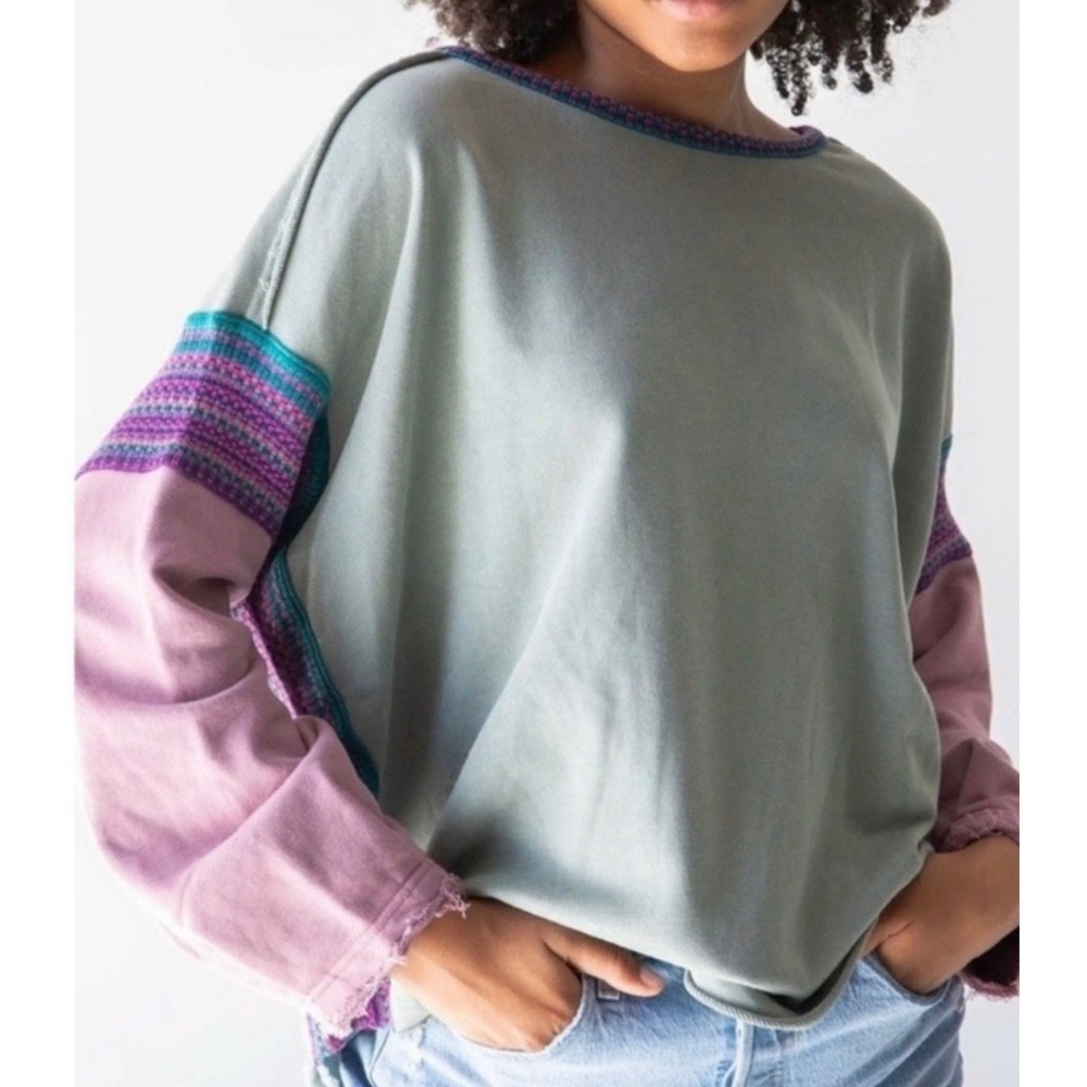 Natural Life Knit Trim Mixed Media Colorblock Raw Rolled Edge Sweatshirt L/XL